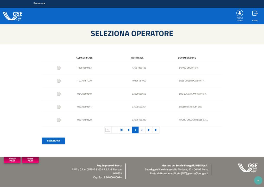 3.1.2 Selezione Operatore La funzionalità di Selezione Operatore consente all Utente autenticato, associato a più Operatori, di selezionare quello per il quale intende operare sull.