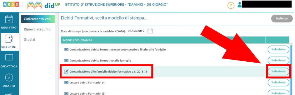 inviare alle famiglie degli alunni con sospensione del giudizio. La finestra che segue mostra la voce COMUNICAZIONI DEBITO FORMATIVO del menu AZIONI.