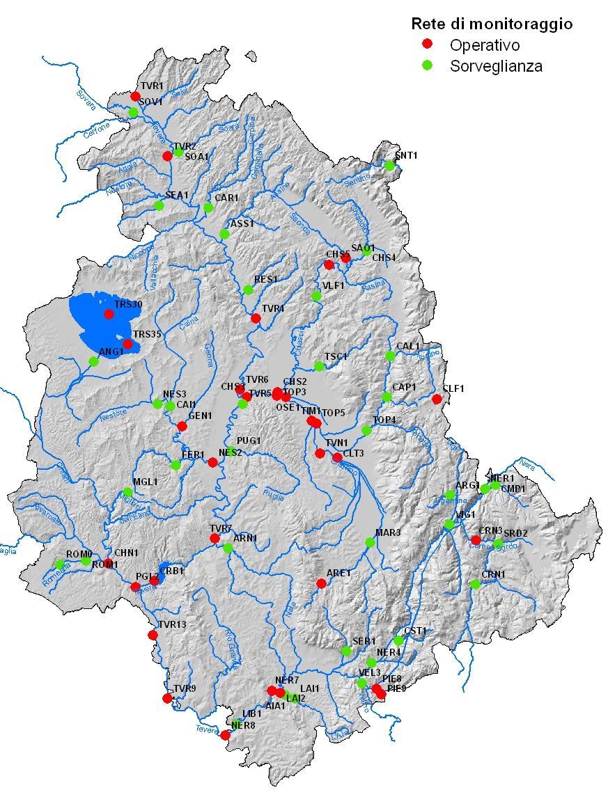 RETI DI MONITORAGGIO 2008 Corpi idrici fluviali 59 SITI DI MONITORAGGIO: 34 sorveglianza 25 operativo (di cui 8