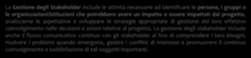 La degli Stakeholder include le attività necessarie ad identificare le persone, i gruppi o le organizzazioni/istituzioni che potrebbero avere un impatto o essere impattati dal progetto, analizzarne