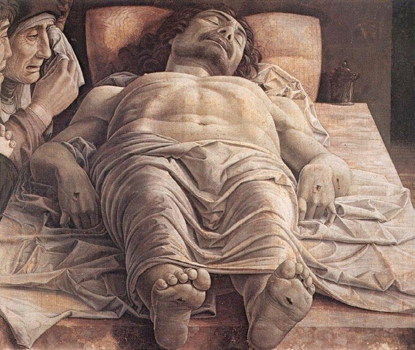 Mantegna strutturò la composizione per produrre un inedito impatto emotivo, con i piedi di Cristo proiettati verso lo spettatore e la fuga