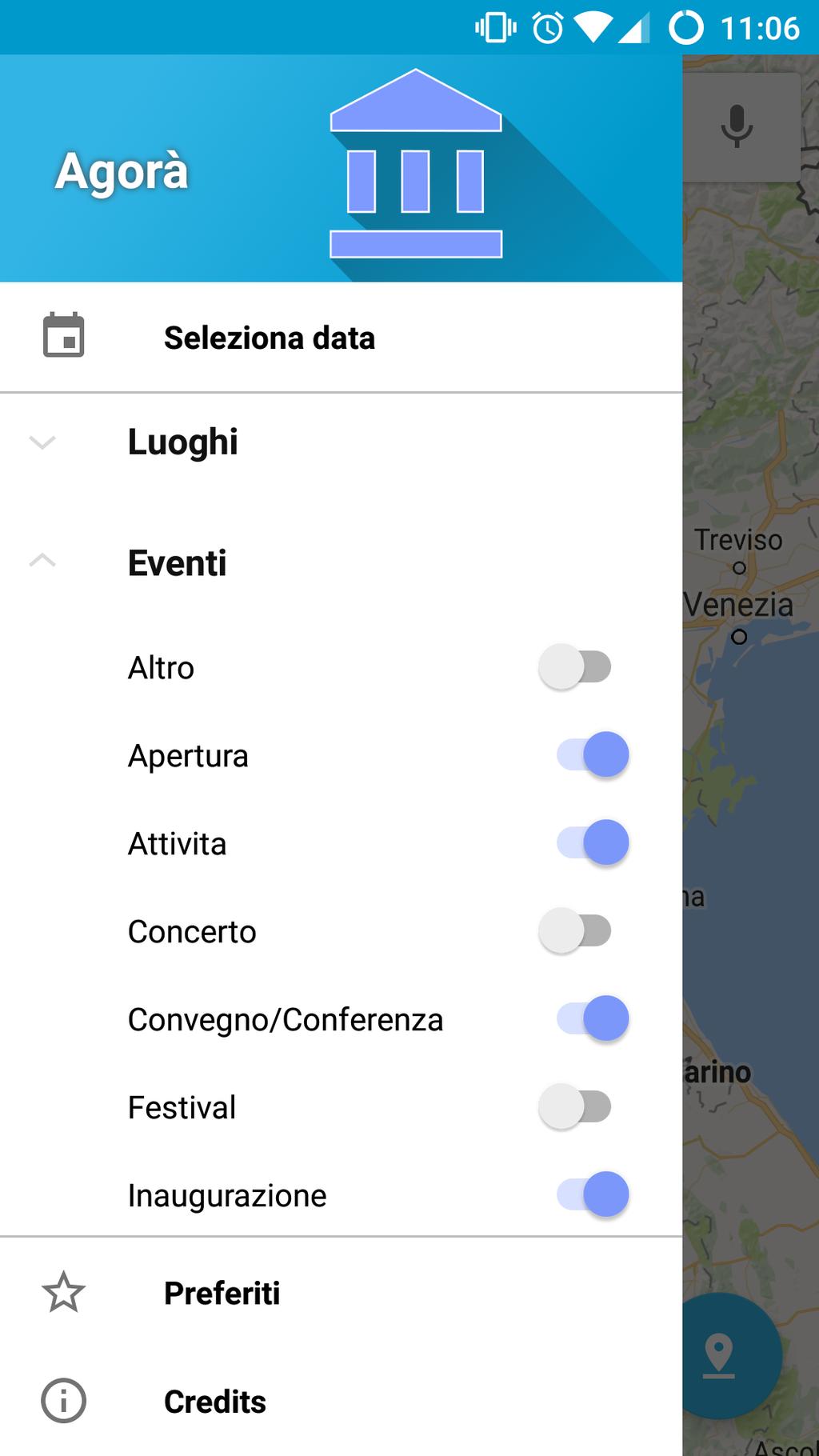 Gli elementi del menù sono: Seleziona data: permette di filtrare gli eventi per data (Sezione 6.6).