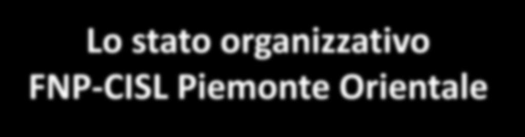 Lo stato organizzativo FNP-CISL Piemonte Orientale Prosegue la riorganizzazione interna per: migliorare l efficienza ridurre i costi Uniformate le procedure amministrative, contabili, gestionali