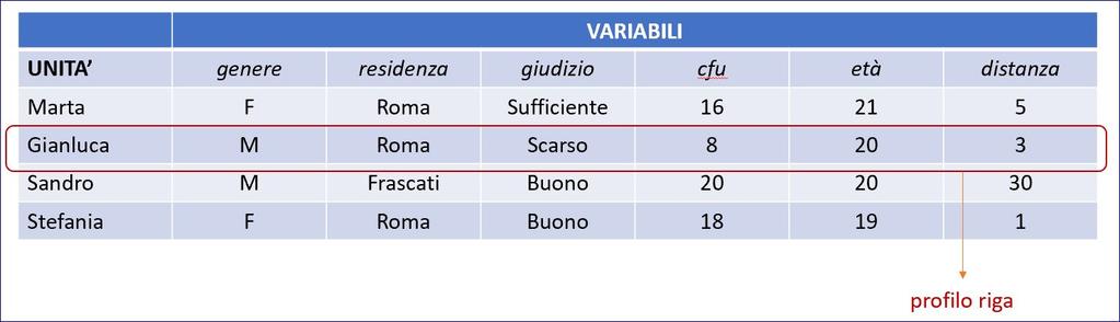 la tabella unità-variabili il profilo riga le rige della tabella rappresentano inve il profilo riga di ogni unità tale profilo indica le