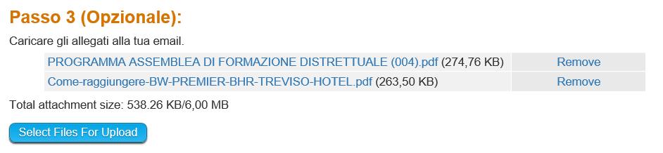 4.4 PASSO 3 Caricamento degli allegati (opzionale) Procedere quindi alla cancellazione degli allegati presenti con l opzione Remove ed il caricamento di nuovi fle con l opzione Select Files For