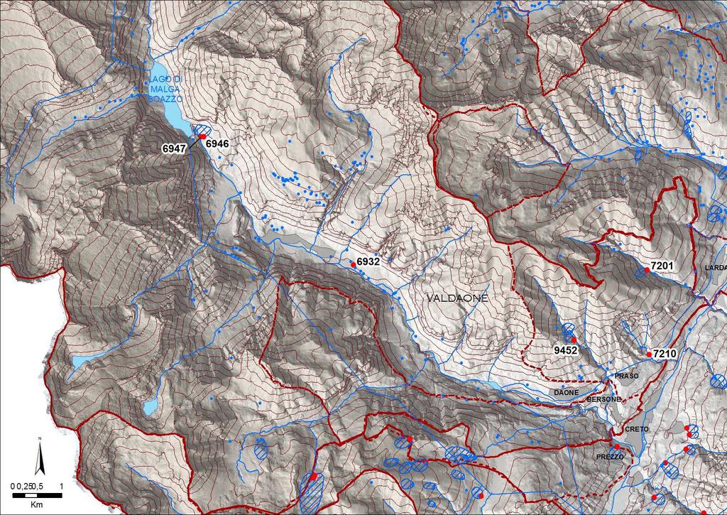 Figura 2 : mappa della parte meridionale del territorio di Valdaone, con l ubicazione delle sorgenti selezionate ed analizzate (in rosso) con il codice che le caratterizza univocamente; per le sole