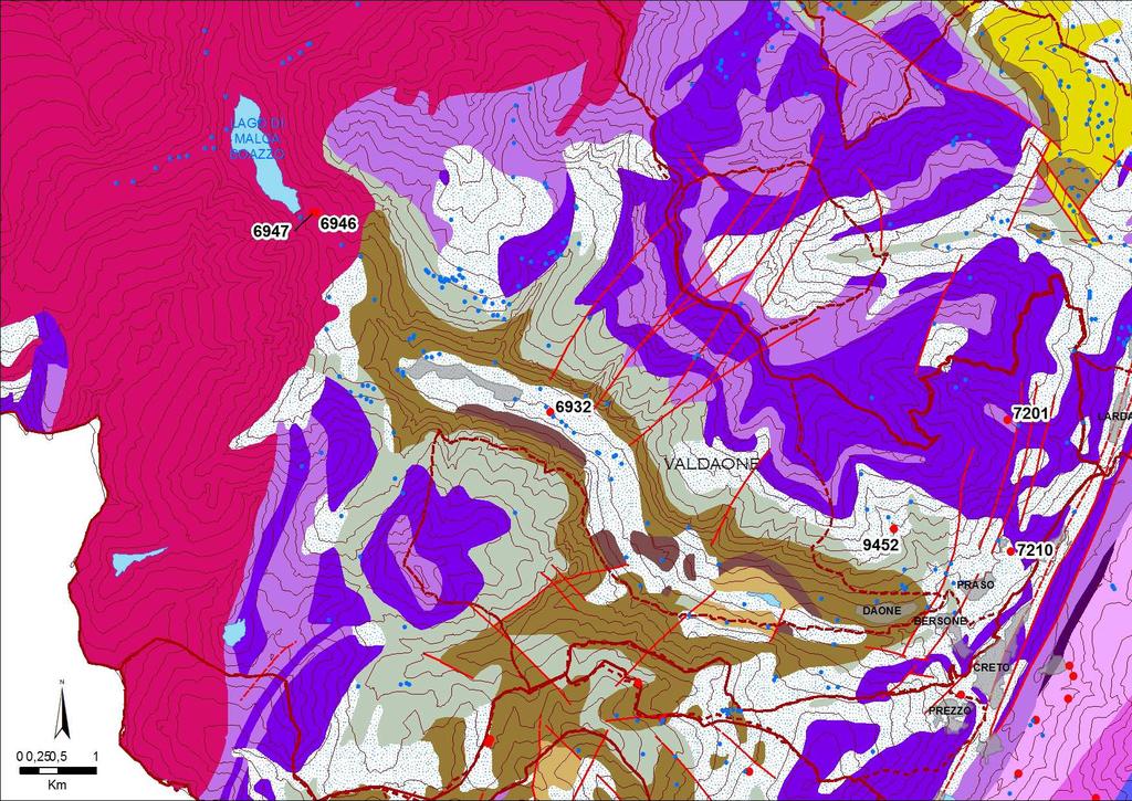 Figura 3 : mappa litologica e strutturale schematica della parte meridionale del territorio di Valdaone con l ubicazione delle sorgenti selezionate ed analizzate (in rosso) con il relativo codice.