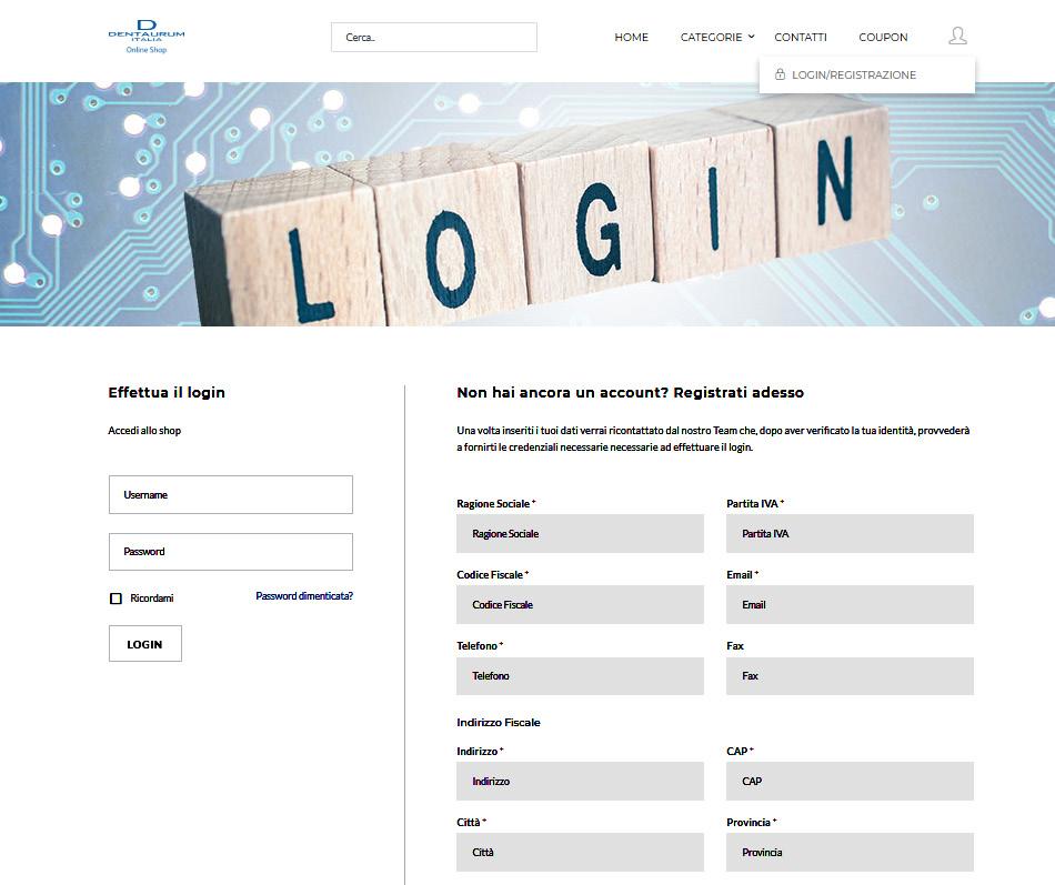 Login e registrazione Prima di poter effettuare un ordine, è necessario effettuare il login inserendo username 1 e password 2. Se non si possiede ancora un account?