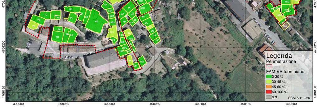 Figura 10: Mappa della vulnerabilità ottenuta con la scheda FAMIVE per edifici in muratura; meccanismi nel piano.