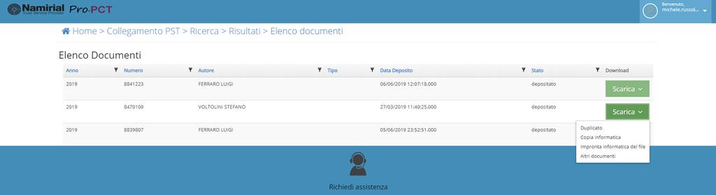 cliccando nuovamente su, dal menu a tendina è possibile selezionare duplicato o copia informatica (in tal caso verrà scaricato solo il documento principale),