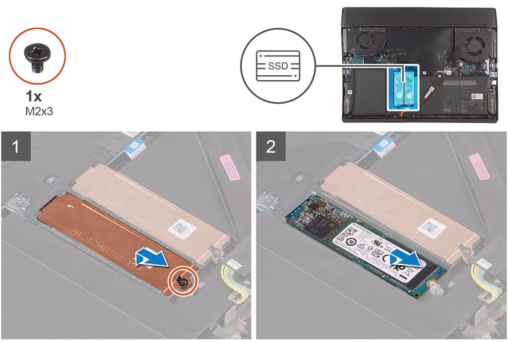 Rimozione dell'unità a stato solido M.2 2280 Prerequisito 1 Seguire le procedure descritte in Prima di effettuare interventi sui componenti interni del computer. 2 Rimuovere il coperchio della base.