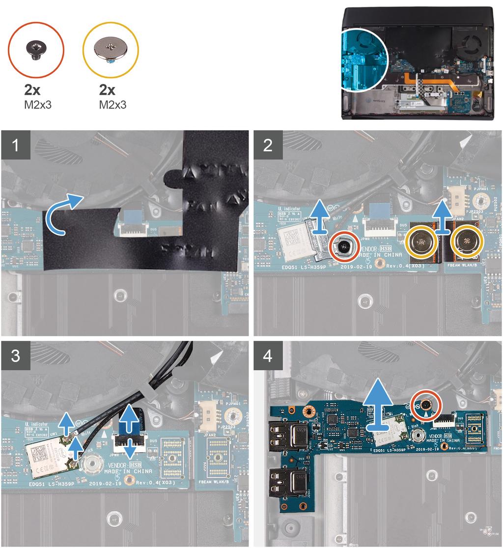 1 Staccare il Mylar che copre la scheda di sistema. 2 Rimuovere la vite (M2x3) che fissa la staffa della scheda senza fili alla scheda di I/O sinistra.