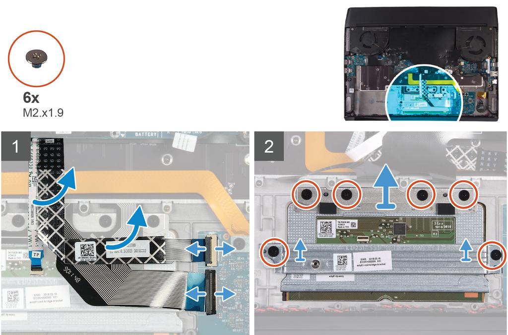 Touchpad Rimozione del touchpad Prerequisiti 1 Seguire le procedure descritte in Prima di effettuare interventi sui componenti interni del computer. 2 Rimuovere il coperchio della base.