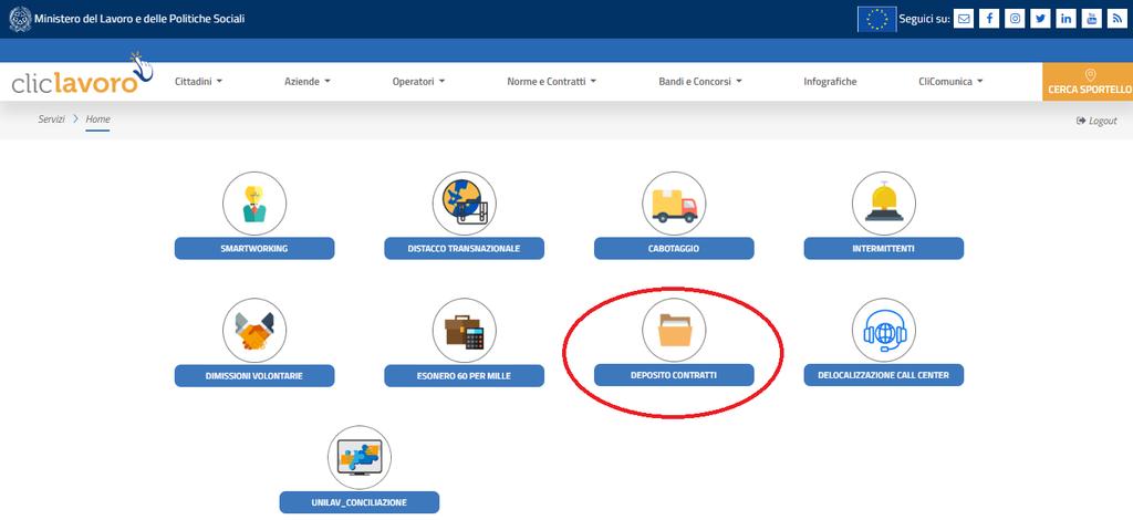 Ottenute le credenziali, è possibile procedere con l accesso alle pagine per il deposito del contratto, scegliendo l icona DEPOSITO CONTRATTI tra quelle presenti nella homepage del portale