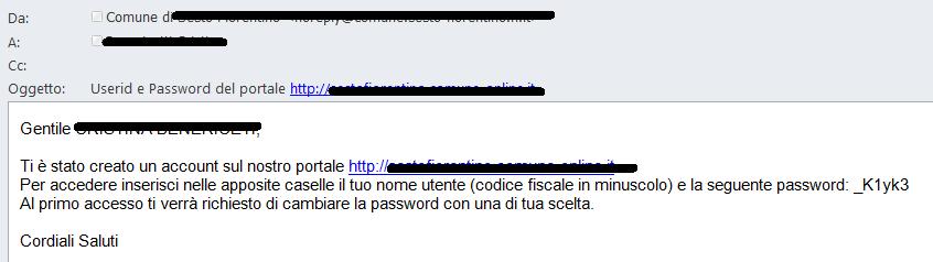 Al completamento della registrazione il sistema invia una email con la password temporanea