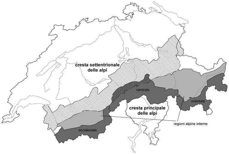 Supporto interpretativo per il bollettino delle valanghe 47 Cresta principale delle Alpi, cresta settentrionale delle Alpi, regioni alpine interne La cresta principale delle Alpi si estende dalla val