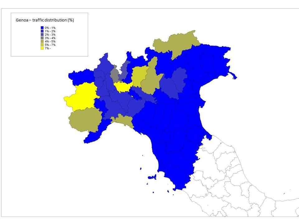 Un esempio applicato alla distribuzione di flussi in Nord Italia L attuale uso della ferrovia è inferiore al 20% del