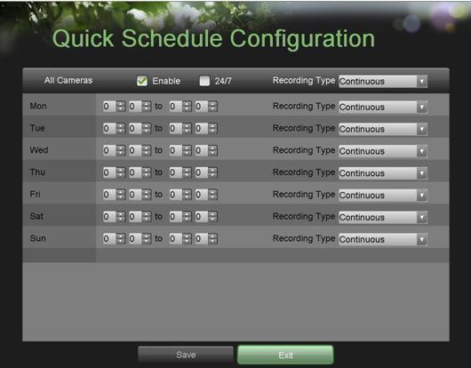 Selezionare Tipo registrazione relativa alla registrazione 24/7 scegliendo fra Continua, per la registrazione continua oppure Su evento, per la registrazione a seguito di evento (per esempio a