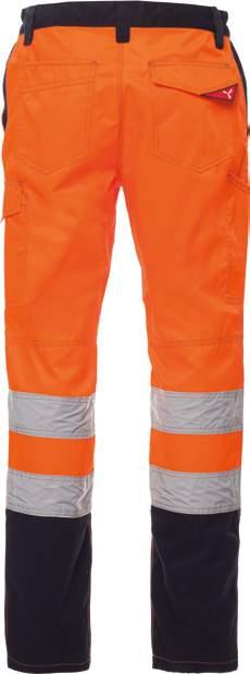 Cuciture a contrasto, cavallo e interno gamba a triplo ago. Men s high visibility, two-tone all-season trousers with reflective stripes, side elastic and waist belt loops.