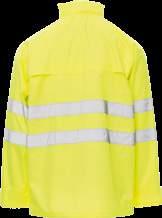 High-visibility, rain jacket with 3M stripes, raglan sleeves, full nylon zip and flap with snap fasteners, foldaway