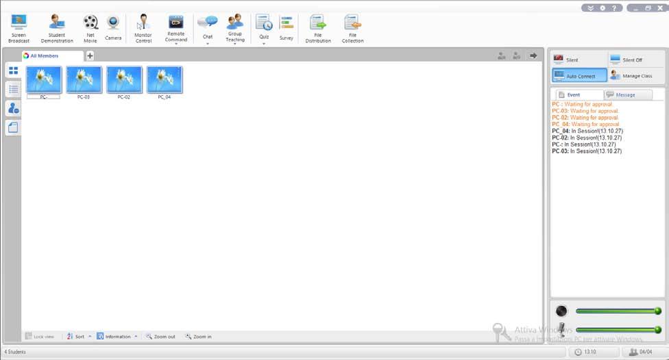 Schermata principale del software di controllo EDU NET MP Il docente, con un semplice click del mouse, può trasmettere programmi video in alta qualità a tutti gli studenti, monitorare lo schermo di