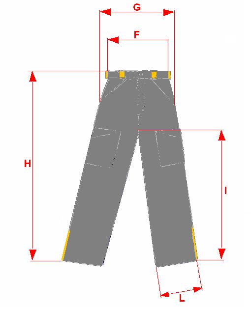 Pagina 17/17 Tavola 4 DISEGNO RAPPRESENTATIVO DEL PANTALONE CON INDICAZIONE MISURE E TAGLIE Taglia Misura ½ vita (F) Misura ½ circonferenza bacino (G) Lunghezza esterna gamba con cintura orlo sfilato