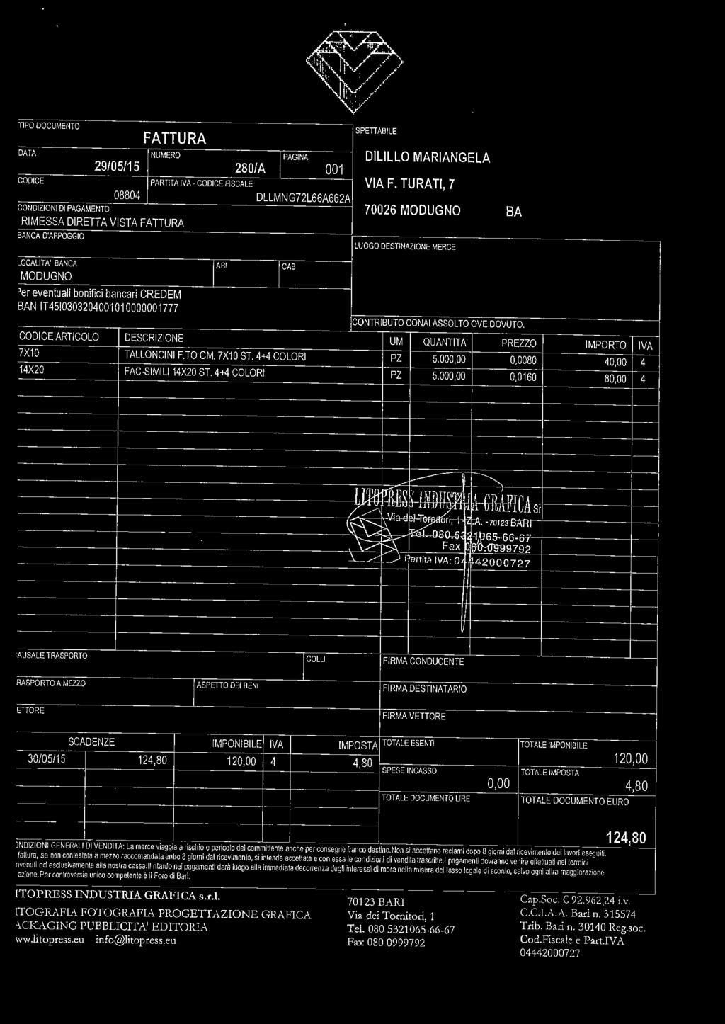 4510303204001010000001777 IABI I CAB LUOGO DESTINAZIONE MERCE CONTRIBUTO CONAI ASSOLTO OVE DOVUTO. CODICE ARTICOLO DESCRIZIONE UM QUANTITA' PREZZO IMPORTO IVA 7X10 TALLONCINI F.TO CM. 7X10 ST.