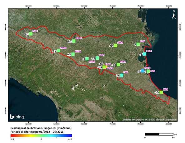 Calibrazione analisi interferometrica SqueeSAR Definizione del periodo di riferimento per tenere conto del sisma 2012; Proiezione dati GPS lungo la direzione di LOS (Line Of Sight) utilizzando 16