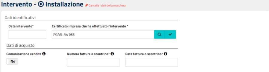 DATI IDENTIFICATIVI E DI ACQUISTO Dati identificativi intervento a) Data intervento: Data nella quale è stato svolto l intervento b) Certificato impresa che ha svolto l intervento: il certificato è