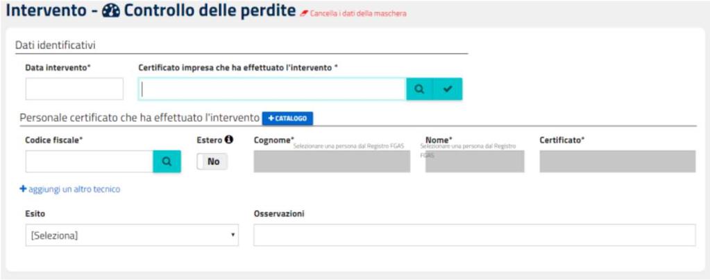 INTERVENTO DI CONTROLLO DELLE PERDITE Dati installazione La data di installazione va comunicata se disponibile. Se l utente la conosce, scegliere SIe inserisce la data.