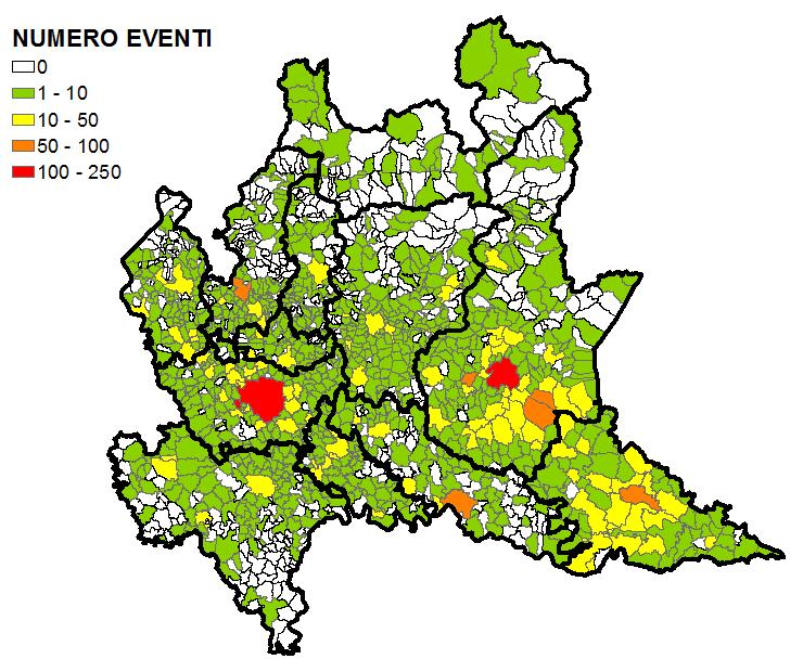 Distribuzione territoriale: comuni Le segnalazioni sono concentrate in pochi comuni, principalmente nel Bresciano e