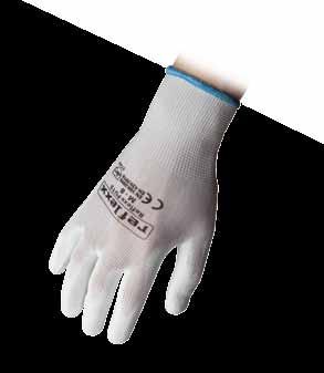 Seamless knitted grey synthetic gloves, grey polyurethane palm coated. Elastic wrist, open back.