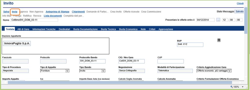 Invio del documento agli operatori economici Completato il documento di invito, il link INVIO consente di notificare l invito agli operatori economici