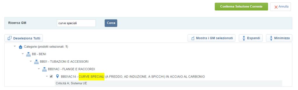 La ricerca del GM può essere effettuata inserendo, in corrispondenza del campo Ricerca GM, il codice oppure la descrizione del GM ( vedi es. curve speciali) e successivamente cliccando Cerca.