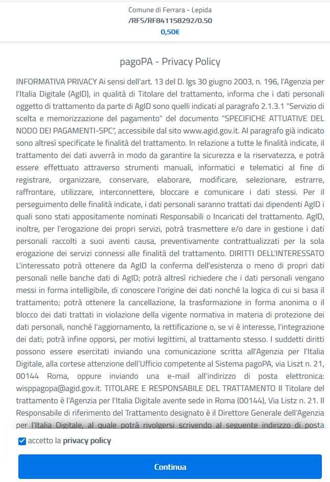 Per proseguire si deve accettare la privacy