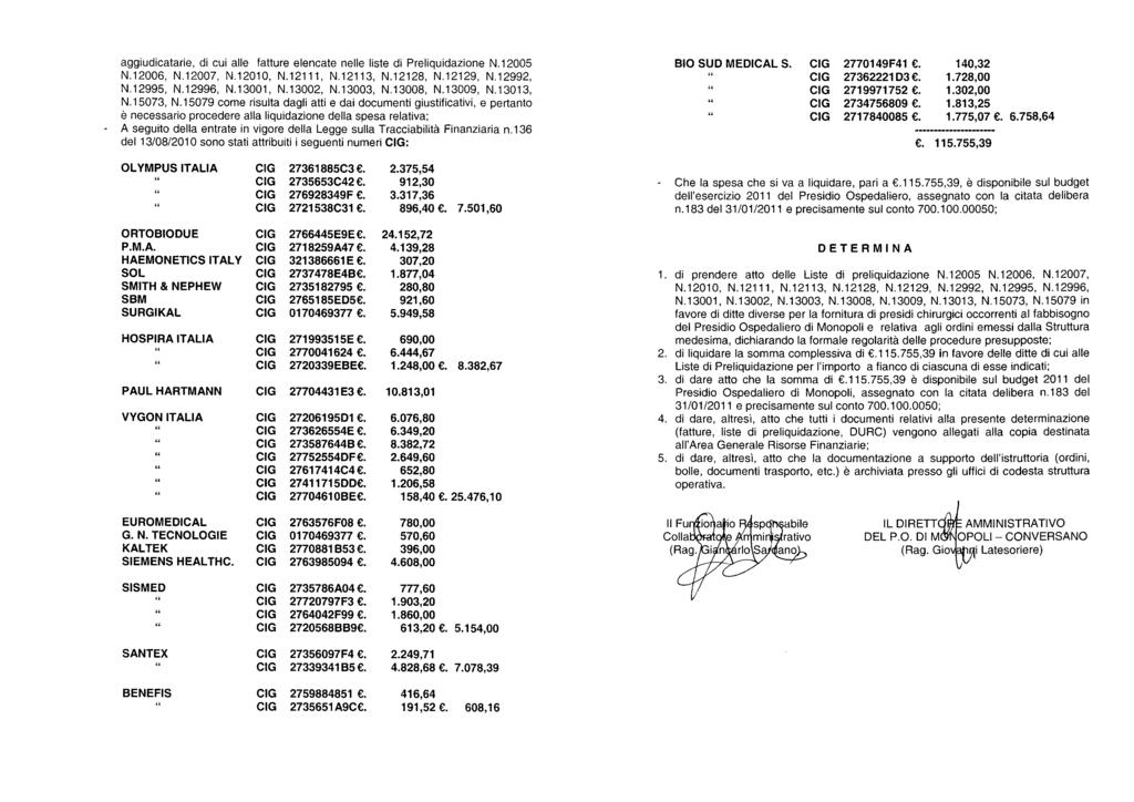 aggiudicatarie, di cui alle fatture elencate nelle liste di Preliquidazione N.12005 N.12006, N.12007, N.12010, N.12111, N.12113, N.12128, N.12129, N.12992, N.12995, N.12996, N.13001, N.13002, N.