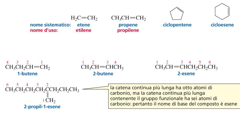 Nomenclatura Il nome sistematico di un alchene si ottiene sostituendo la desinenza ano dell alcano corrispondente con la desinenza ene. Le regole IUPAC per gli alcheni: 1.