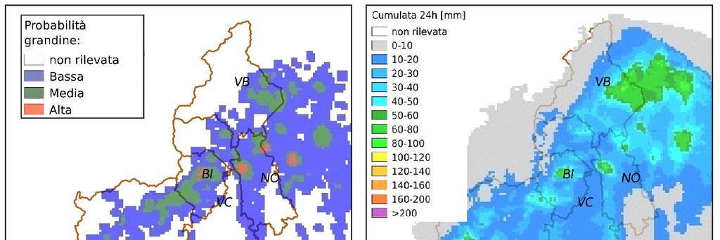 Figura 4 Mappa di probabilità di grandine al suolo, stimata da radar (sx).