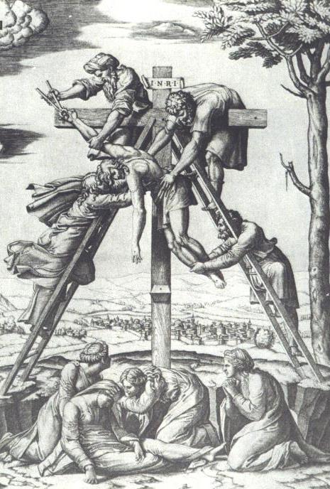 Marcantonio Raimondi (da Raffaello), Deposizione dalla croce, 1520-1521 L incisione trae origine da un soggetto attribuito a Raffaello,
