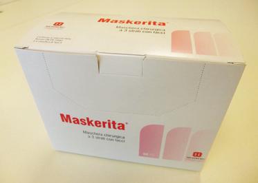 Maschere chirurgiche MASKERITA Maschera chirurgica in TNT ipoallergenico a 3 strati con lacci. elevata efficienza filtrante B.F.E. 98% minima resistenza al flusso respiratorio: P < 29,4 Pa/2 elevata pulizia microbica: Bioburden 30 UFC/g.