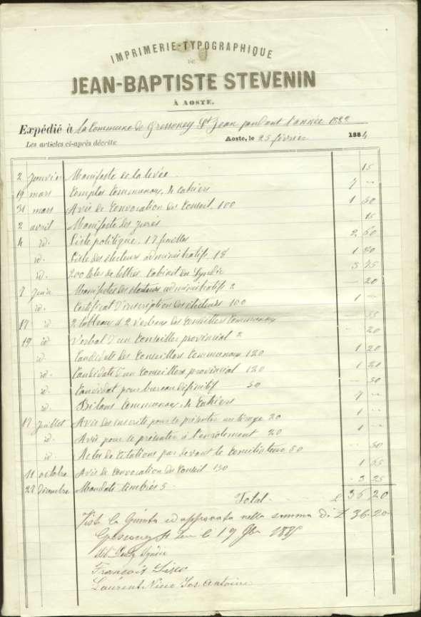 Il lungo elenco, in francese, di registri e di carte comprate nel 1884 dal comune di