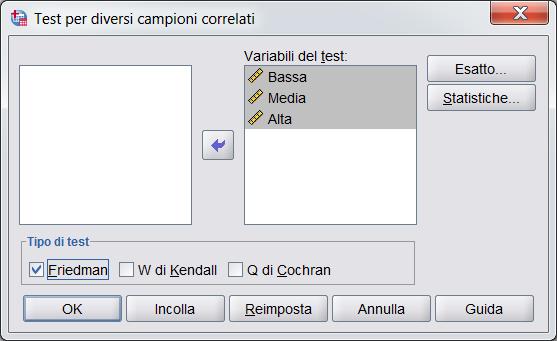 Test di Friedman Distrazione caso Bassa Media Alta A 9 6 7 B 15 7 2 C 12 9 5 D 16 8 2 E 22 15 6 F 8 3 4 I dati sono trasformati in ranghi all interno di ogni variabile