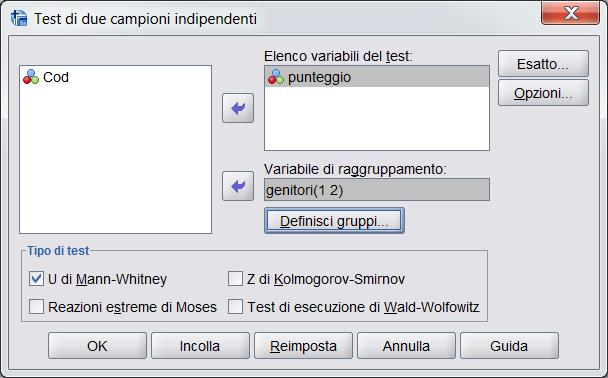 U di Man-Whitney Punteggi emotivi in base alla famiglia 2 genitori 12 18 14 10 19 8 15 11 10 13 15 16 1 genitore 6 9 4 13 14 9 8 12 11 9 È il corrispettivo del T-test per campioni indipendenti Usando