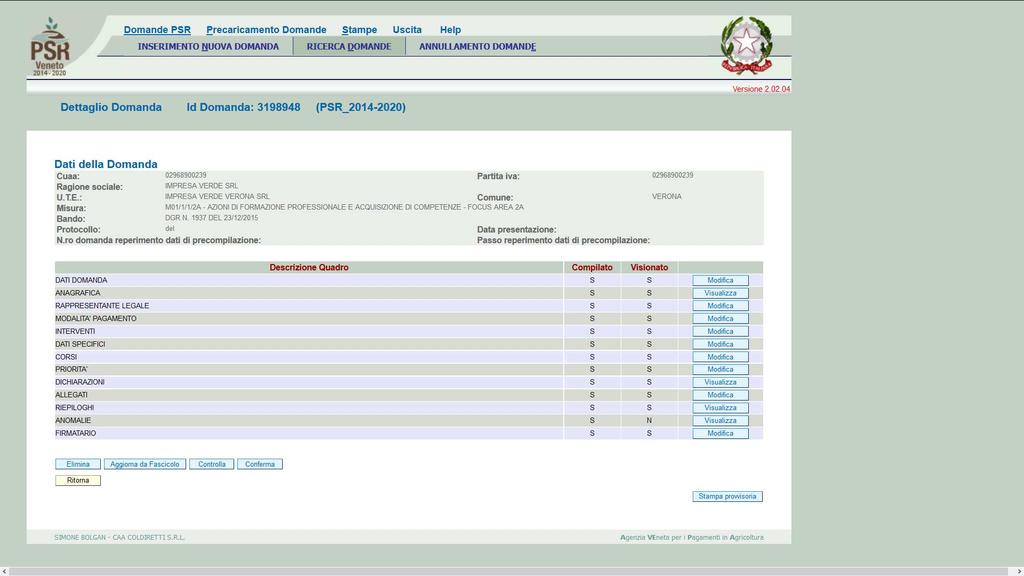 Quadro generale di compilazione Funzioni di controllo Dopo aver