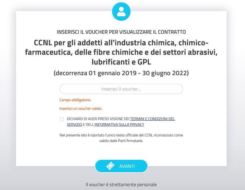 Nella schermata successiva occorre inserire il voucher riportato in ogni copia ufficiale del CCNL, dare il consenso per la privacy e cliccare sul