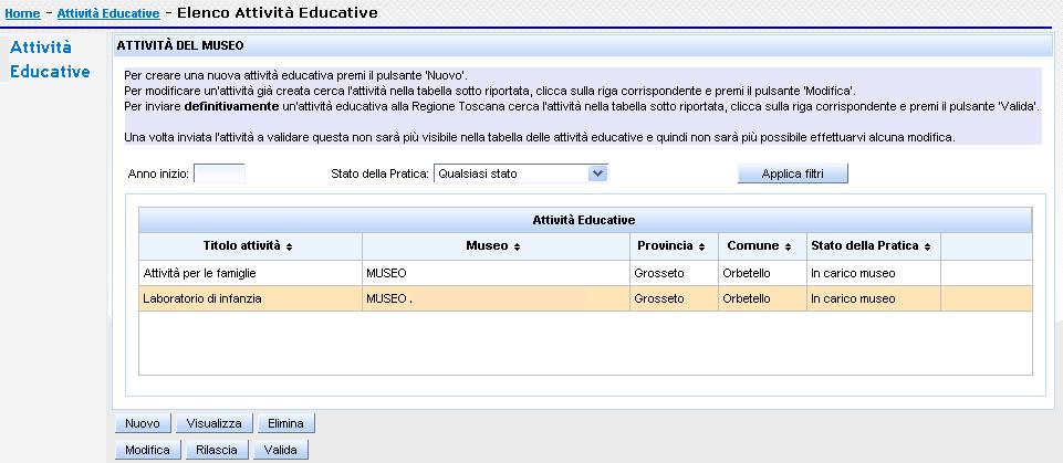 Al momento del salvataggio finale, il sistema effettua vari controlli di coerenza degli inserimenti, in particolare sulle date inserite nel calendario e sui campi testo.