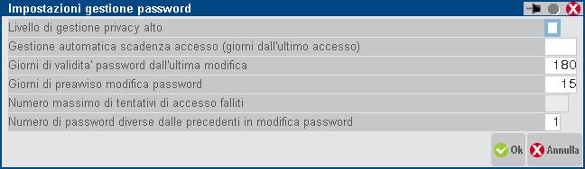 Il campo si trova nelle Impostazioni gestione password [F7] su lista utenti e non dipende dal livello privacy, ammette valore minimo 1 (default) e massimo