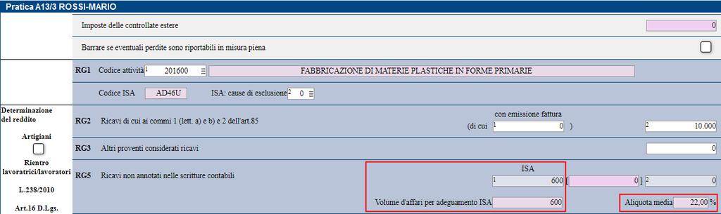 La presenza di F03/G02 fa sì inoltre che alla conferma degli ISA, ritornando nella pratica, tale valore sia automaticamente riportato nei quadri d impresa della dichiarazione redditi (campo