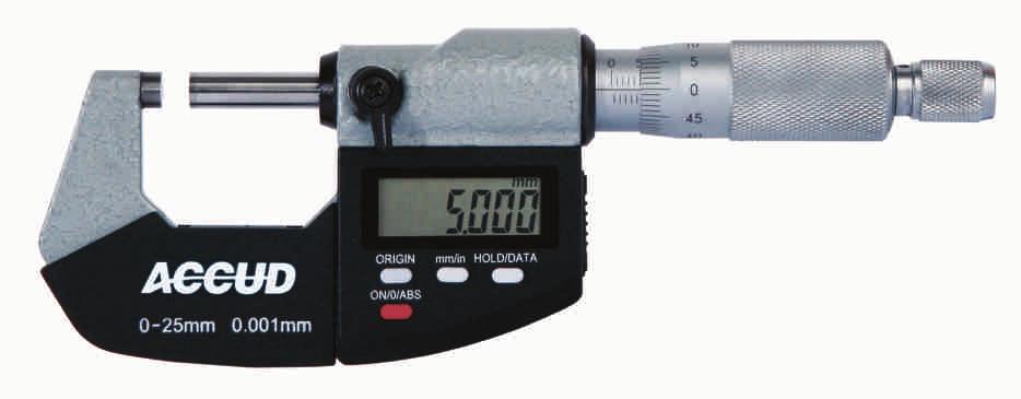 94,00 MICROMETRI DIGITALI PER ESTERNI IP65 Frizione sul codolo Risoluzione 0,001 mm Livello di protezione IP65 Superfici riportate in metallo duro Misurazione