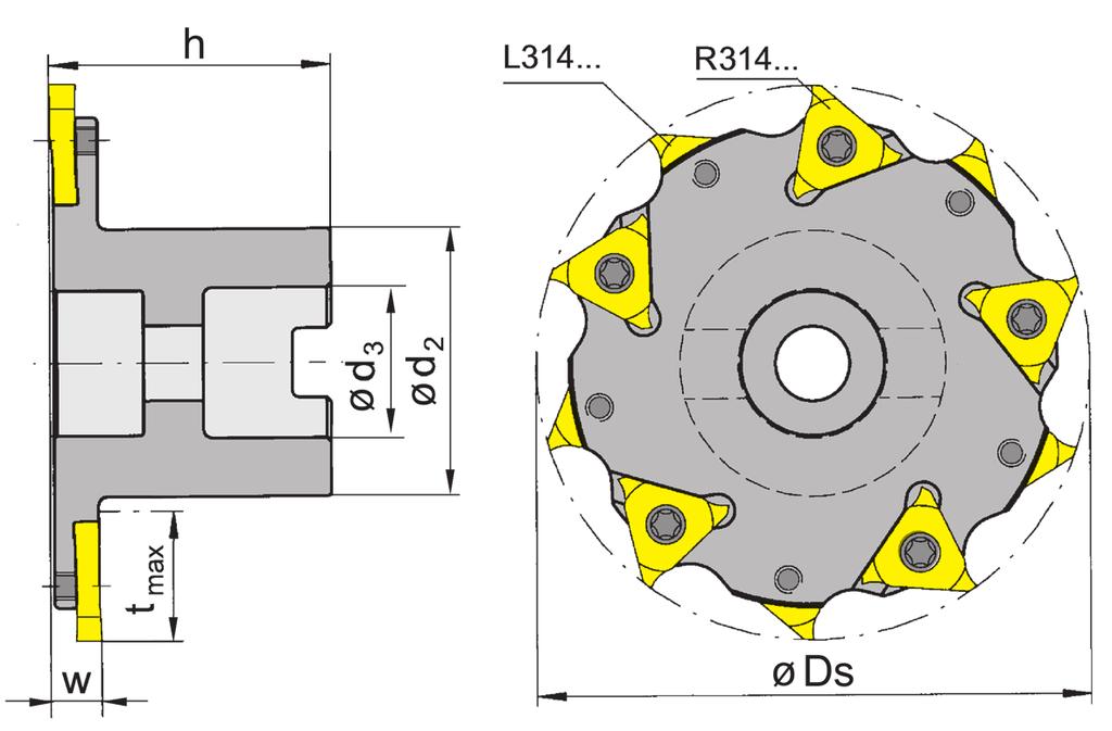 Profondeur de gorge jusqu à Profondità della gola fino a 25 mm Largeur de gorge Larghezza della gola 6-10 mm Diamètre de coupe Diametro Ds 100 mm Alésage (d2) rainure selon DIN 138 oro (d3) con